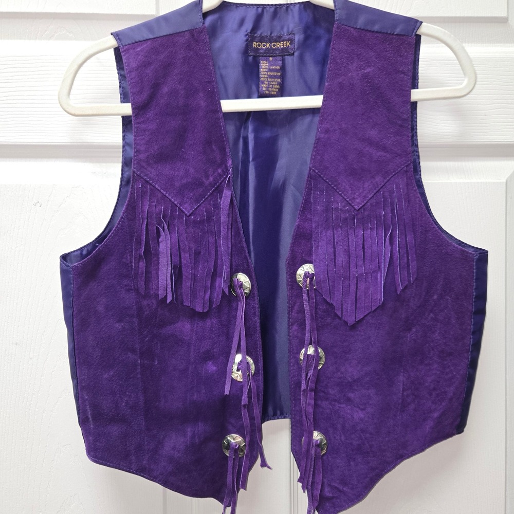 Rock Creek Vintage 80s Purple Suede Leather Fringe Western Concho Vest Small